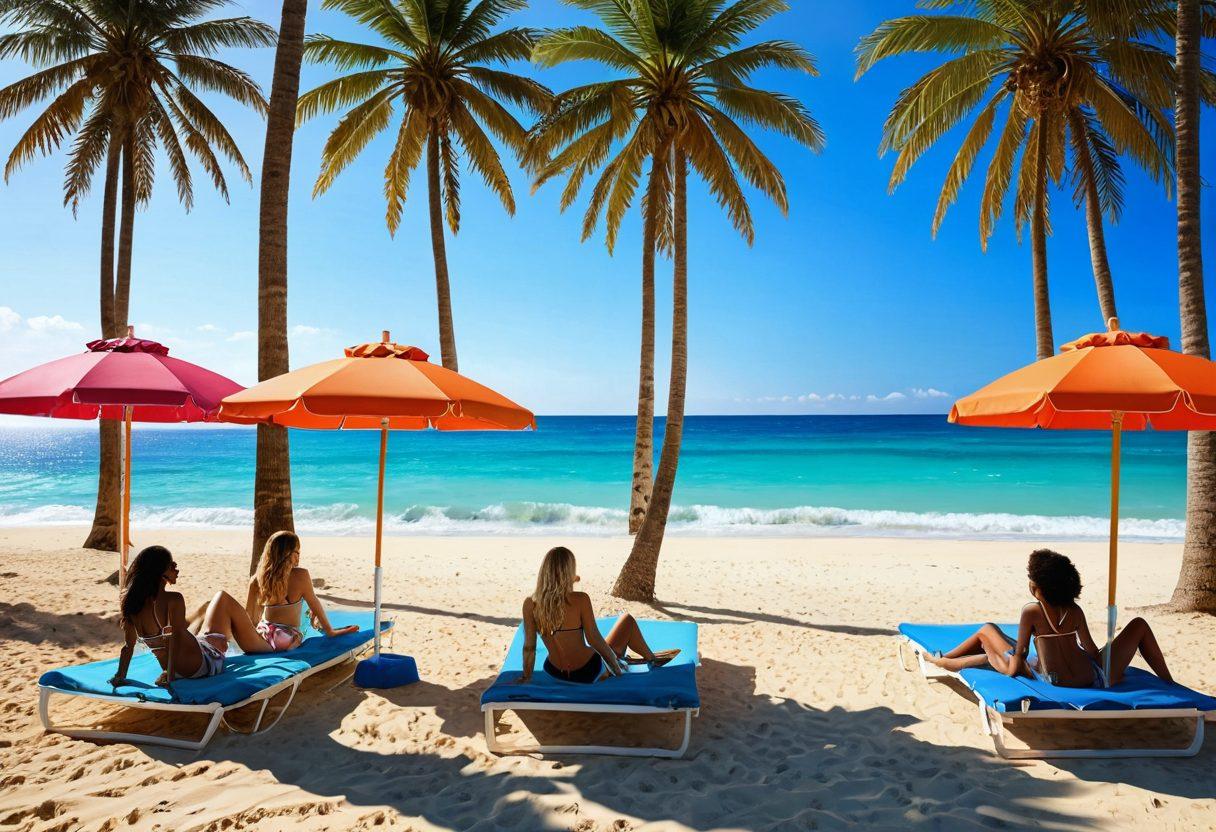 A vibrant summer beach scene showcasing a diverse group of stylish women in trendy bikini sets, lounging under colorful beach umbrellas with palm trees swaying in the background. Bold beach accessories like sunglasses and hats are scattered around, while a clear blue ocean waves gently in the distance. The atmosphere is lively and inviting, emphasizing sun, fun, and fashion. bright and colorful. super-realistic. high detail.